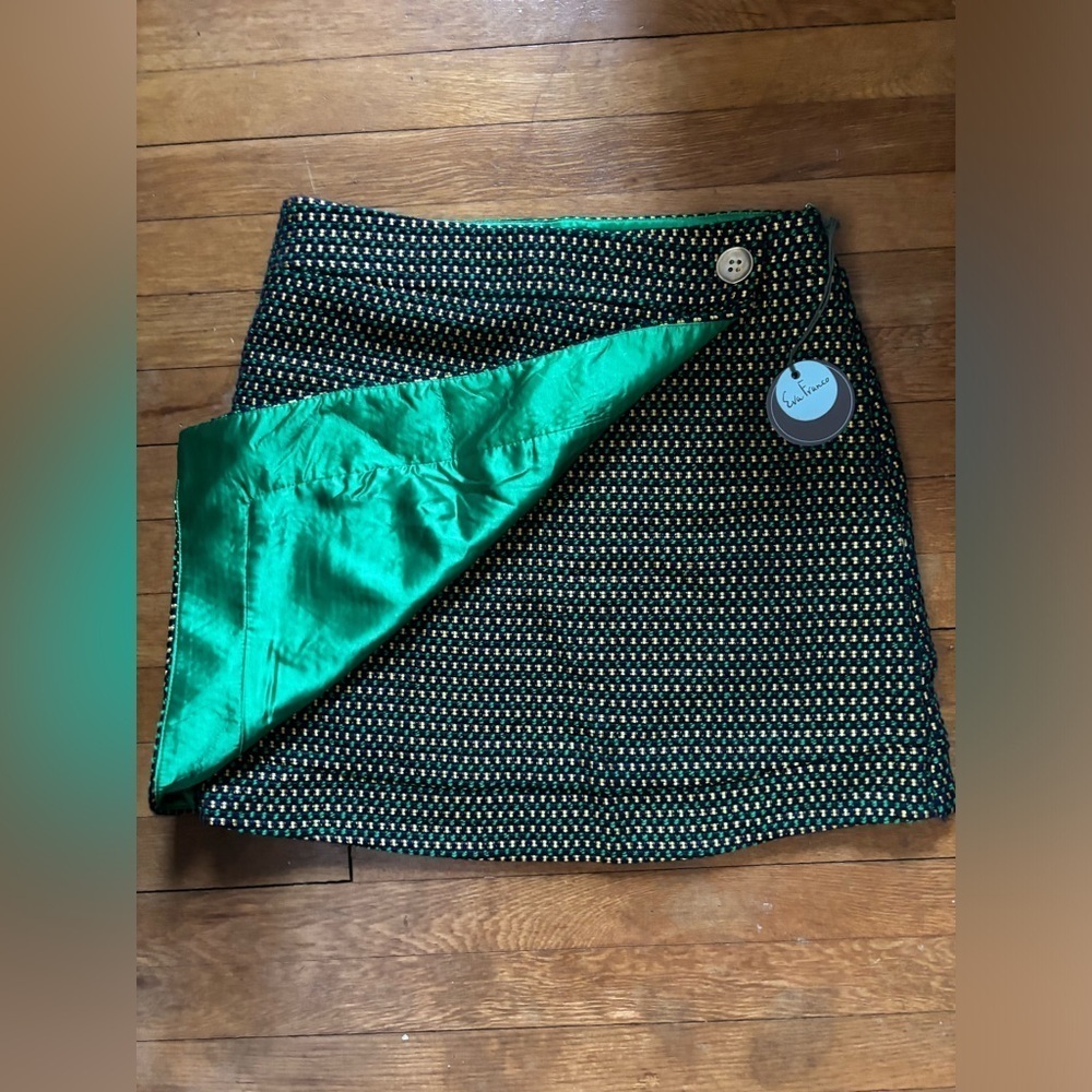 NWT 12 Eva Franco Fern Dot Tweed Faux-Wrap Skirt Green Navy Gold Easy Throw On - Picture 5 of 7